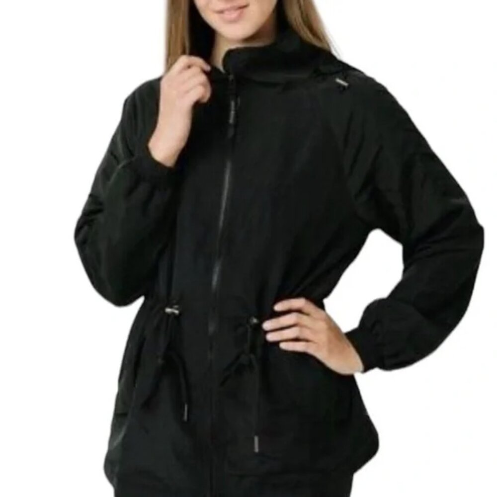 Zyia Active Black Drawstring Cinch Waist‎ Hooded Lightweight Jacket size Large